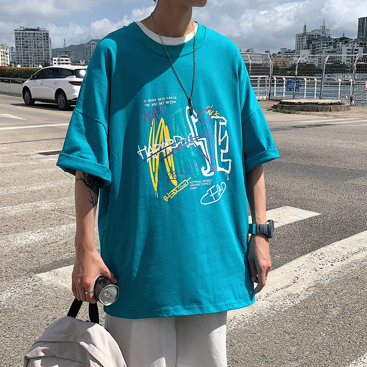 图案已注册港风日系中性休闲情侣大码风短袖T恤DT7735P28,男装T恤,星座227-7