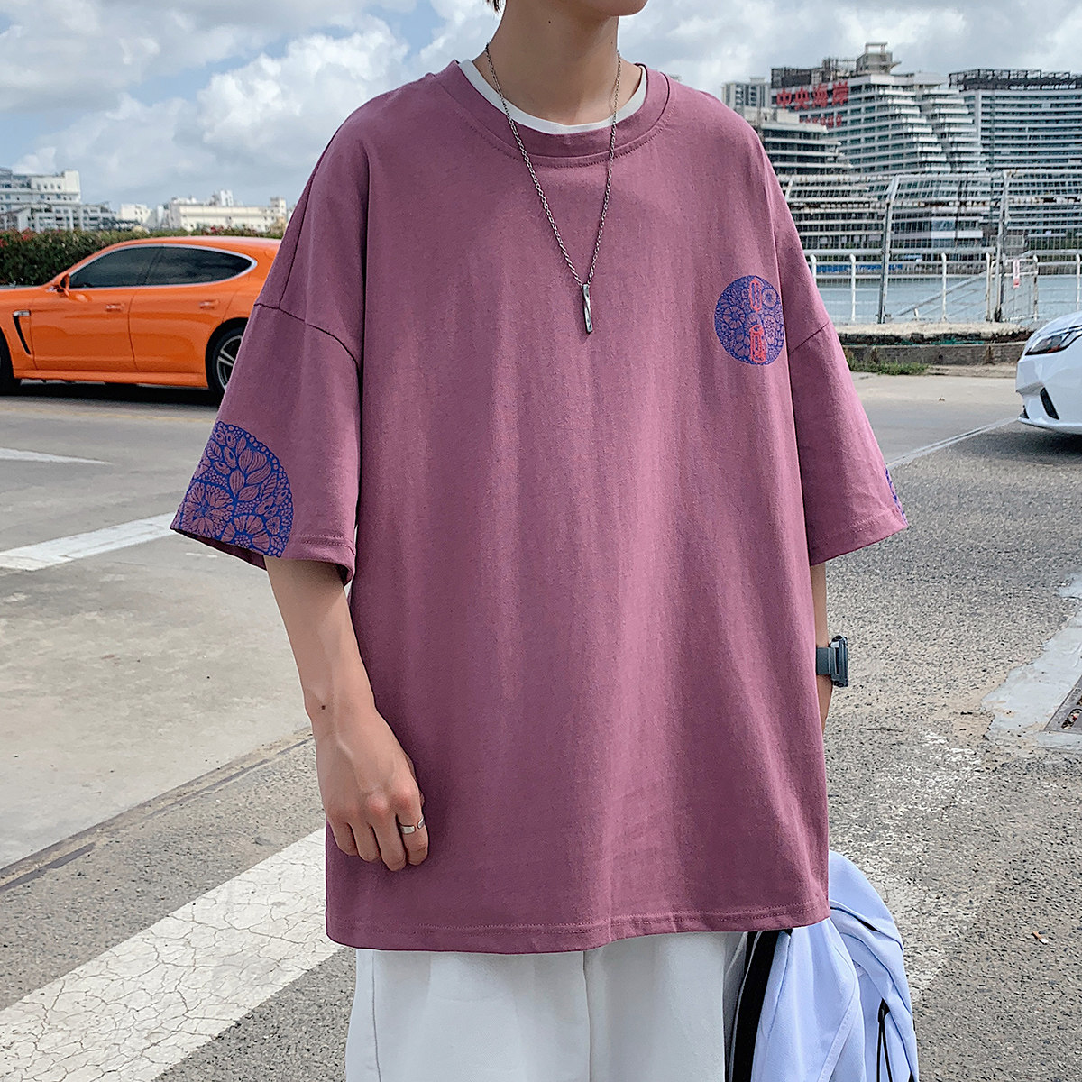 图案已注册港风青花瓷休闲情侣大码风短袖T恤DT7606P35,男装T恤,星座227-7