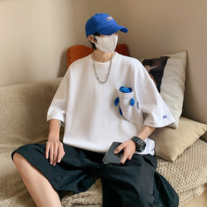 港风中性休闲运动情侣大码嘻哈网红小熊圆领短袖T恤男DT7745P55图片