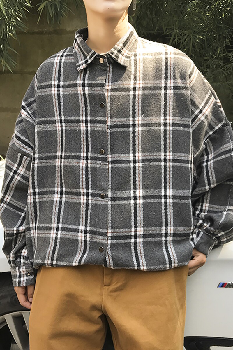港风大码中性宽松磨毛呢料格子加厚长袖衬衫男7724P55,男装衬衫,星座227-7