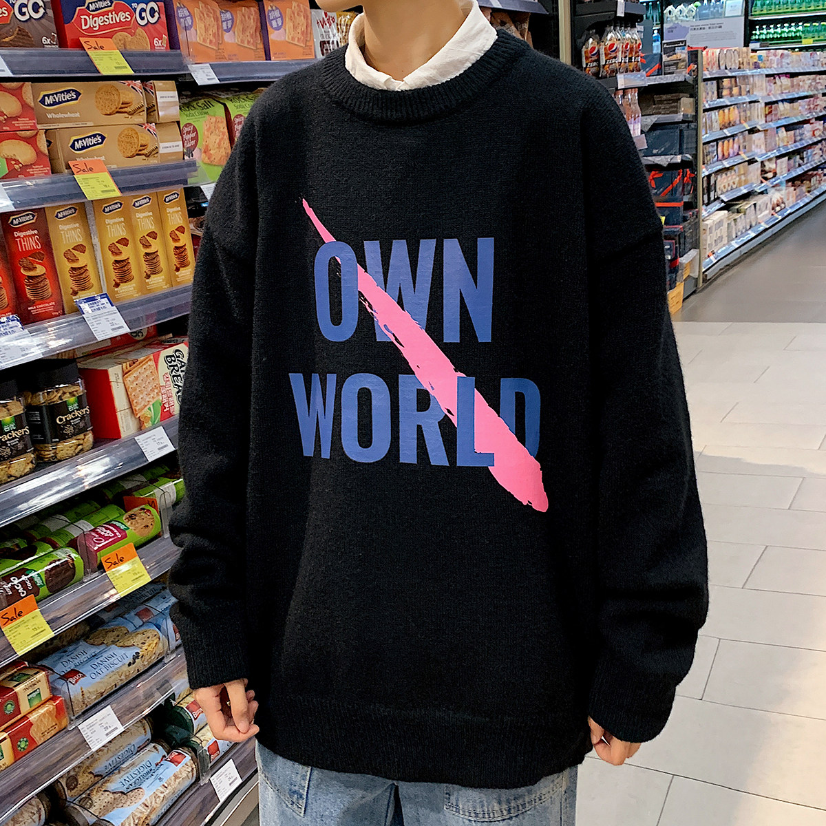 秋季港风长袖印花毛线毛衣男宽松休闲圆领套头针织衫线衣7672P48,男装针织衫/毛衣,星座227-7