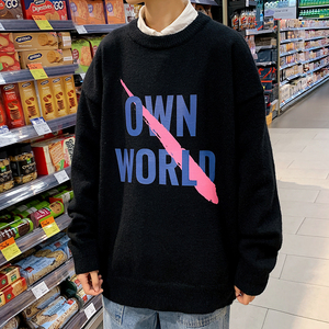 秋季港风长袖印花毛线毛衣男宽松休闲圆领套头针织衫线衣7672P48图片