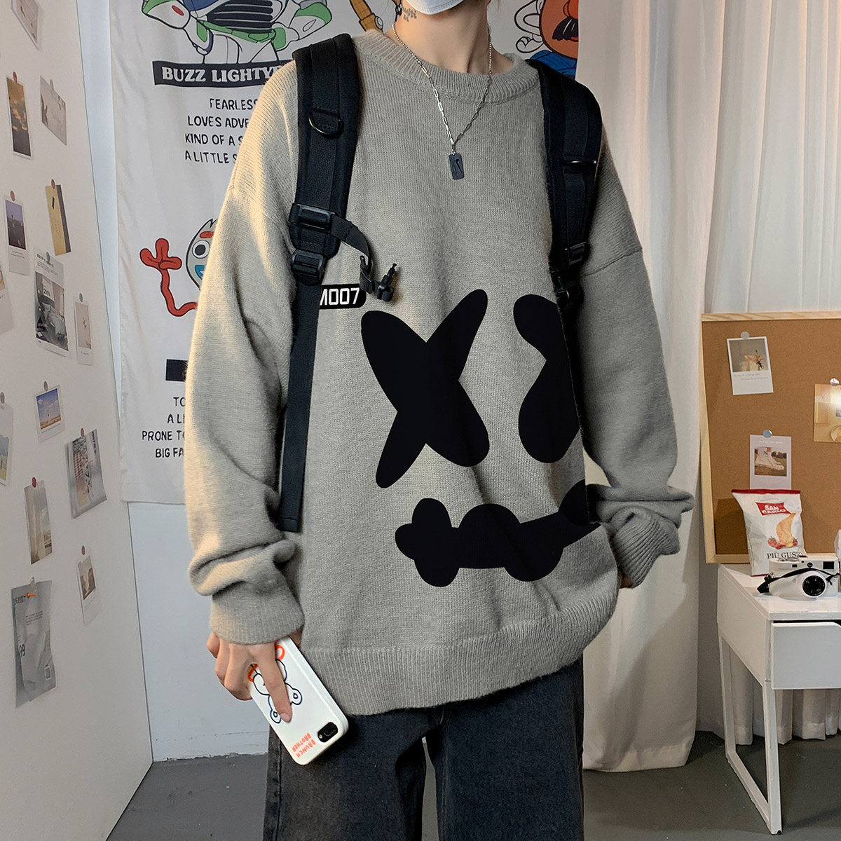 秋季港风潮流长袖毛衣男外套宽松休闲圆领套头针织衫线衣7024P55，男装针织衫/毛衣，星座227-7