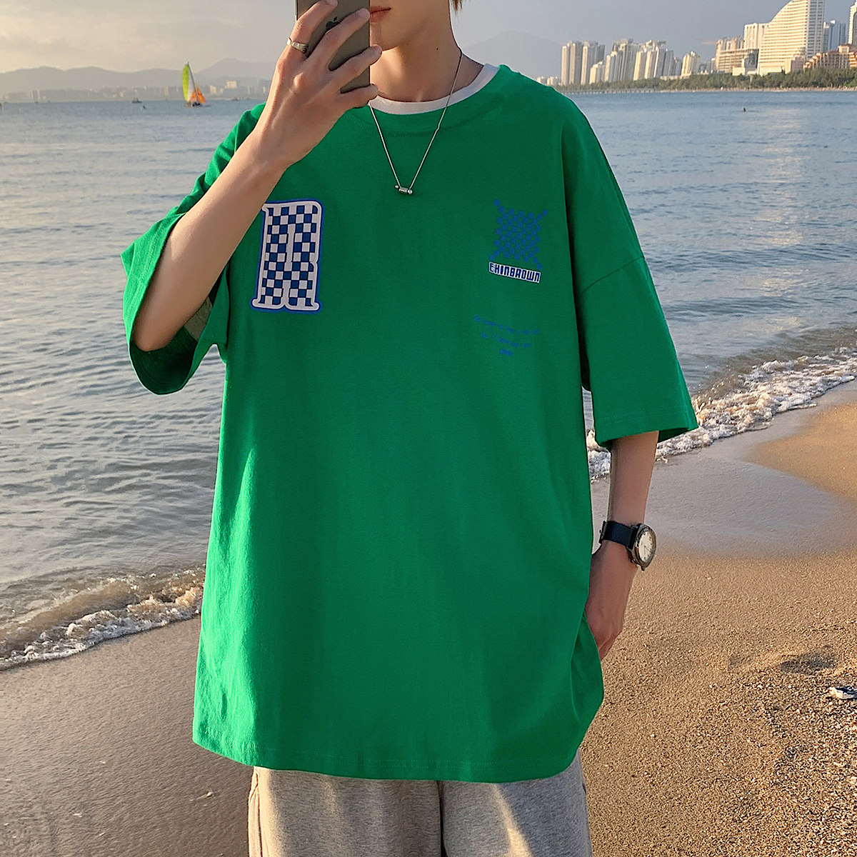 图案已注册港风流行棋盘格休闲情侣大码风短袖T恤DT7653P30,男装T恤,星座227-7