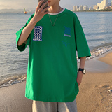 图案已注册港风流行棋盘格休闲情侣大码风短袖T恤DT7653P30，男装T恤，星座227-7