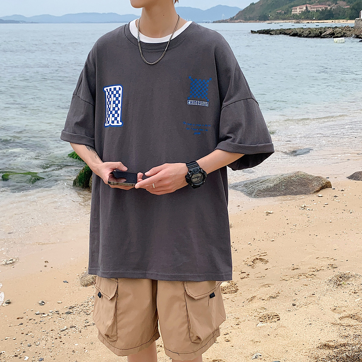 图案已注册港风流行棋盘格休闲情侣大码风短袖T恤DT7653P30,男装T恤,星座227-7