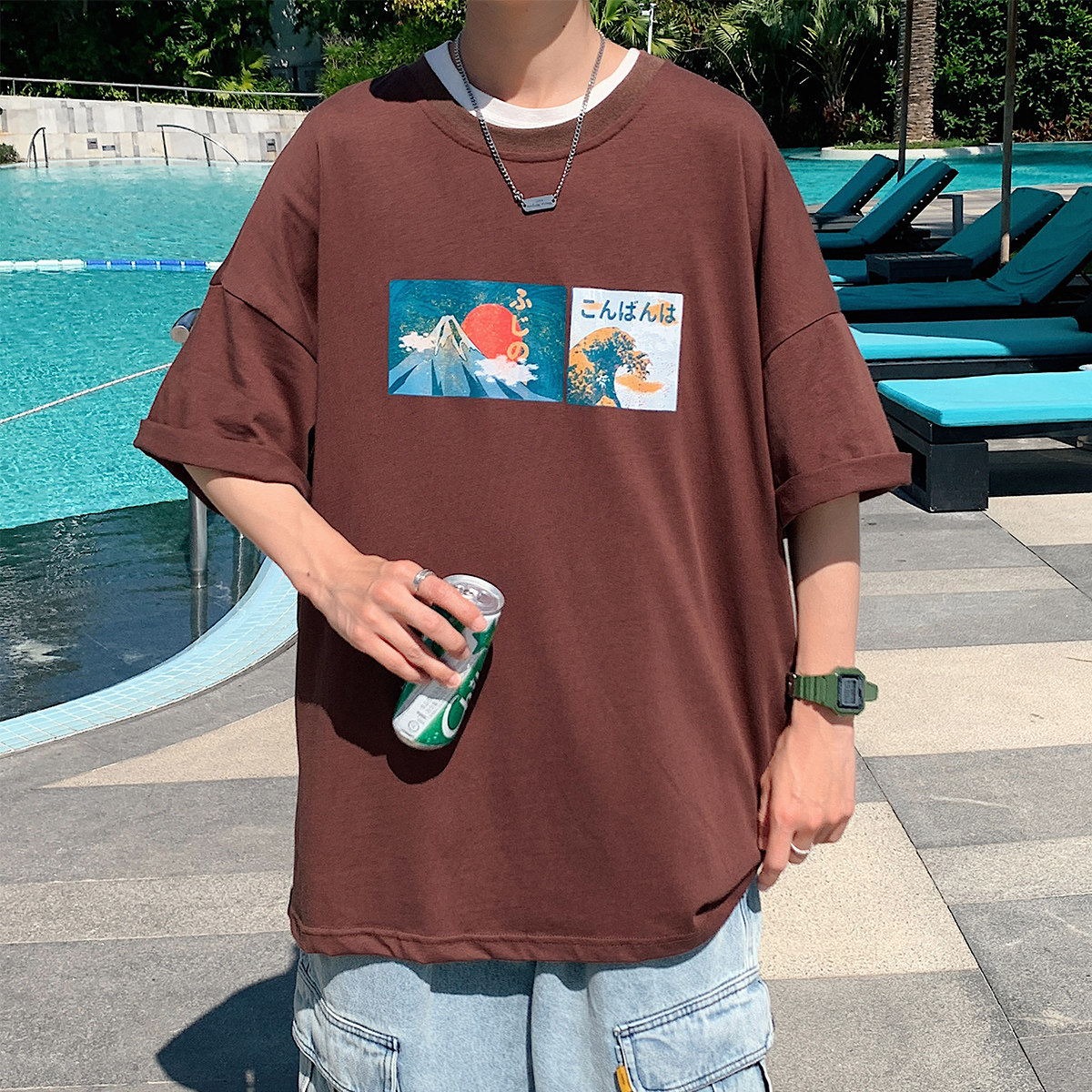 图案已注册港风日系中性休闲情侣大码风短袖T恤DT7645P30,男装T恤,星座227-7