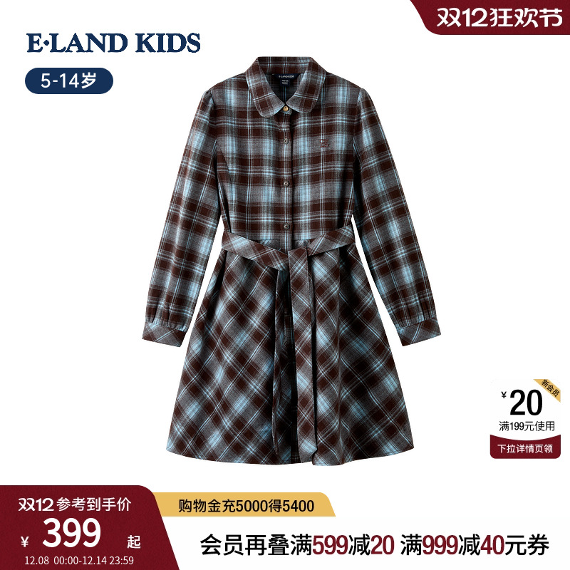 elandkids女童复古格纹连衣裙