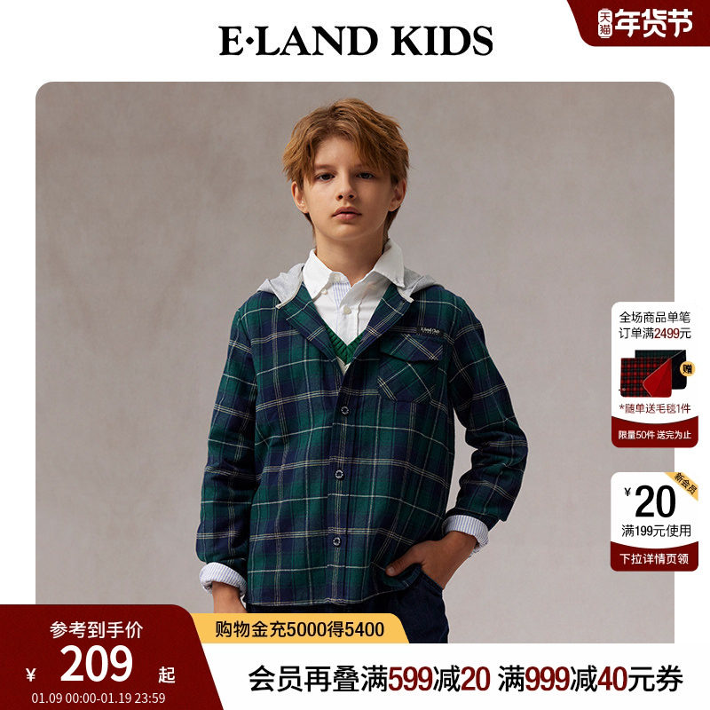 eland kids衣恋童装男童衬衫25年春秋学院风LOGO刺绣