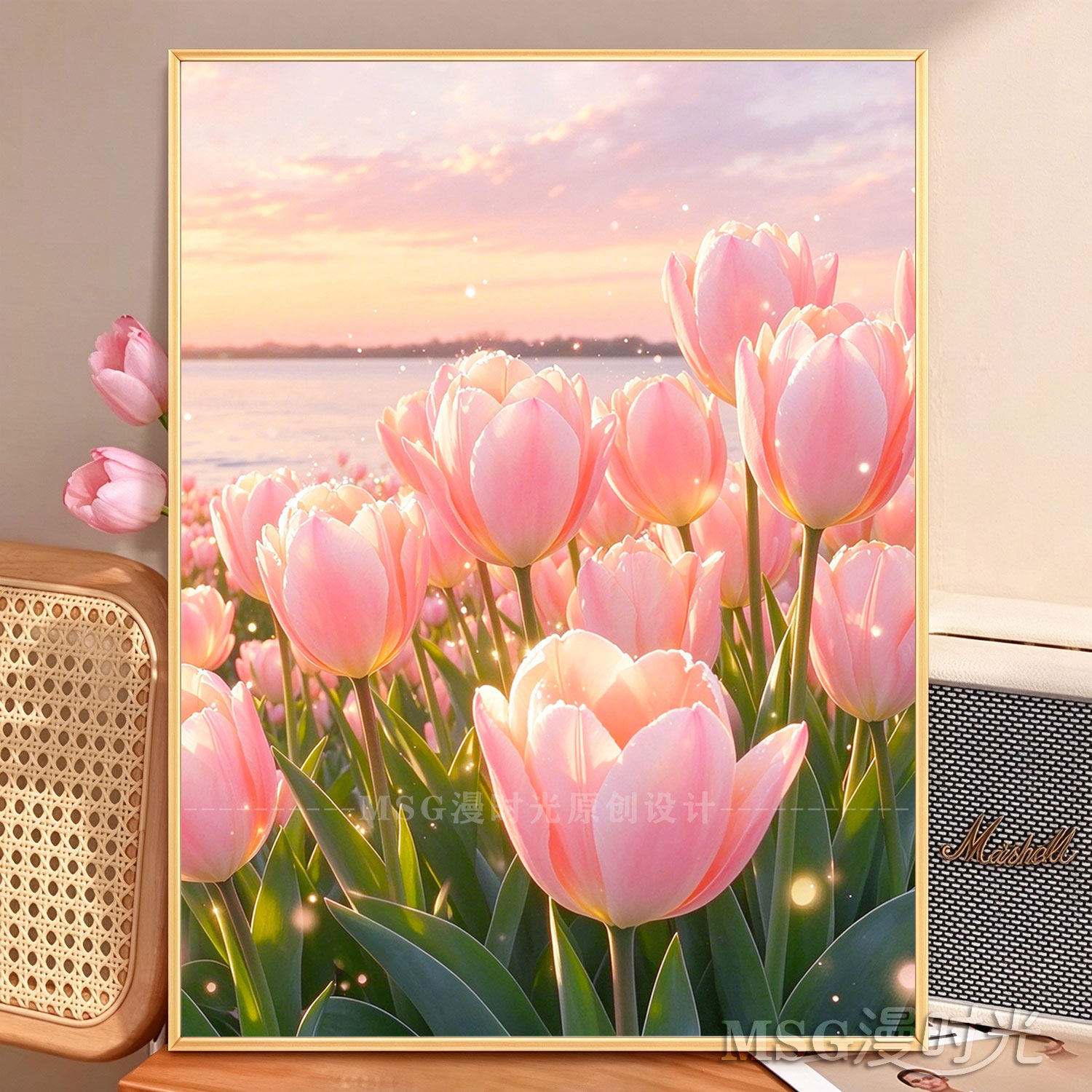 粉色郁金香5D钻石画满钻新款高级感餐厅花卉高颜值客厅贴钻十字绣