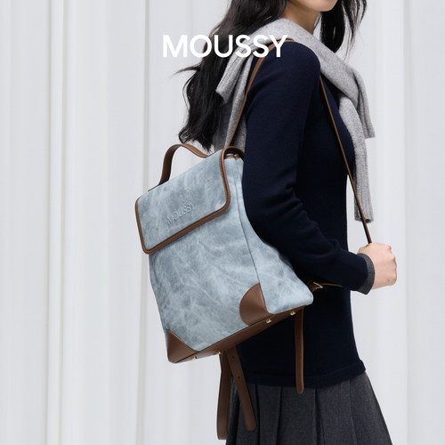Moussy女仿牛仔帆布小双肩背包通勤包旅行外出小背包高级感女包