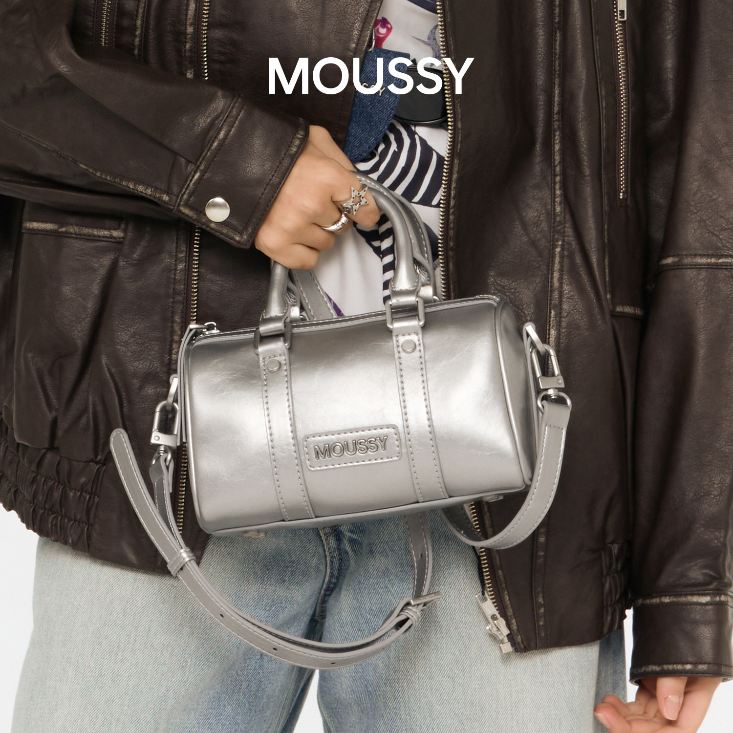 Moussy女小波士顿保龄球包单肩手提斜挎小包高级女包手机包