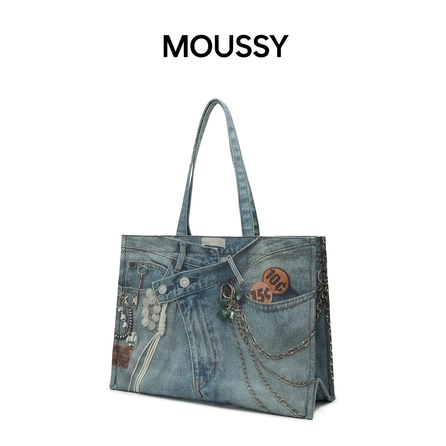 Moussy大容量牛仔帆布托特包时尚个性单肩通勤包高级感女包