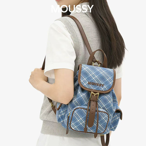 Moussy女牛仔帆布小双肩背包格纹条纹通勤包旅行外出小背包