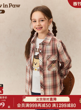 PawinPaw卡通小熊童装25年秋冬新款女童格子衬衫宽松全棉百搭