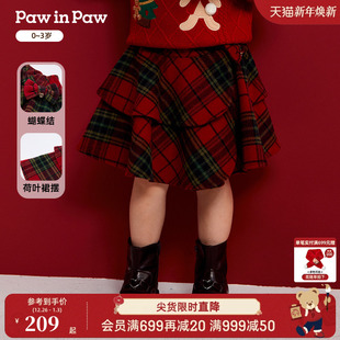 秋冬女宝宝红色格纹短裙 PawinPaw卡通小熊童装 圣诞