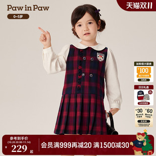 PawinPaw卡通小熊童装 春秋女宝宝假两件格子连衣裙学院