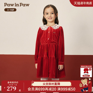 新款 25年冬季 PawinPaw卡通小熊童装 女童丝绒连衣裙可爱 圣诞
