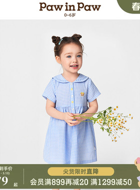PawinPaw卡通小熊童装春夏女宝宝花边翻领简洁格纹连衣裙