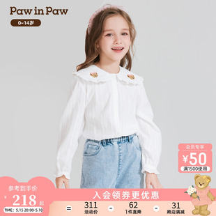 衬衫 PawinPaw卡通小熊童装 女童纯棉洋气娃娃领长袖 新款 24年春季