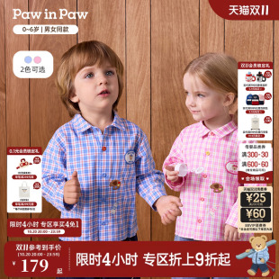 PawinPaw卡通小熊童装26年秋季新款男女宝宝长袖翻领印花格子衬衫