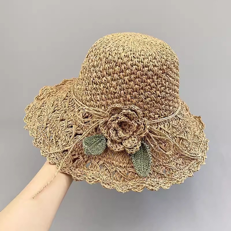 沙滩帽手工编织夏凉帽草帽女遮阳花朵可折叠防紫外线防晒太阳帽