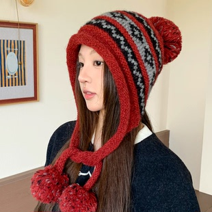 针织帽女秋冬天保暖雷锋帽加绒加厚毛球护耳帽女款显脸小毛线帽子