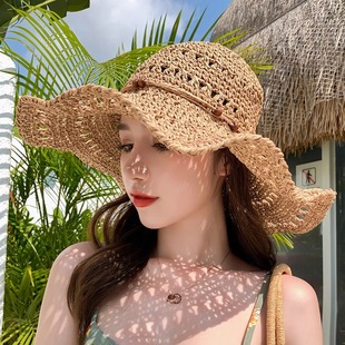 草帽女夏季 百搭鏤空遮陽編織帽子海邊沙灘大檐防曬漁夫太陽帽 韓版