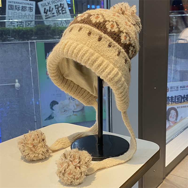 费尔岛风针织毛线帽女秋冬季新款户外加厚保暖护耳帽显脸小包头帽