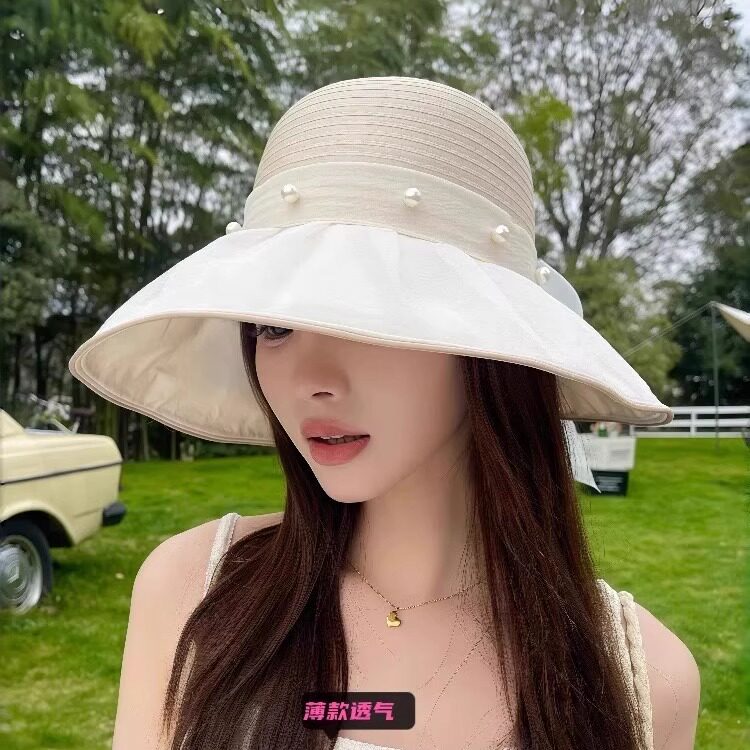 珍珠网纱蝴蝶结渔夫帽子女款2025新款大帽檐防晒遮阳帽度假太阳帽