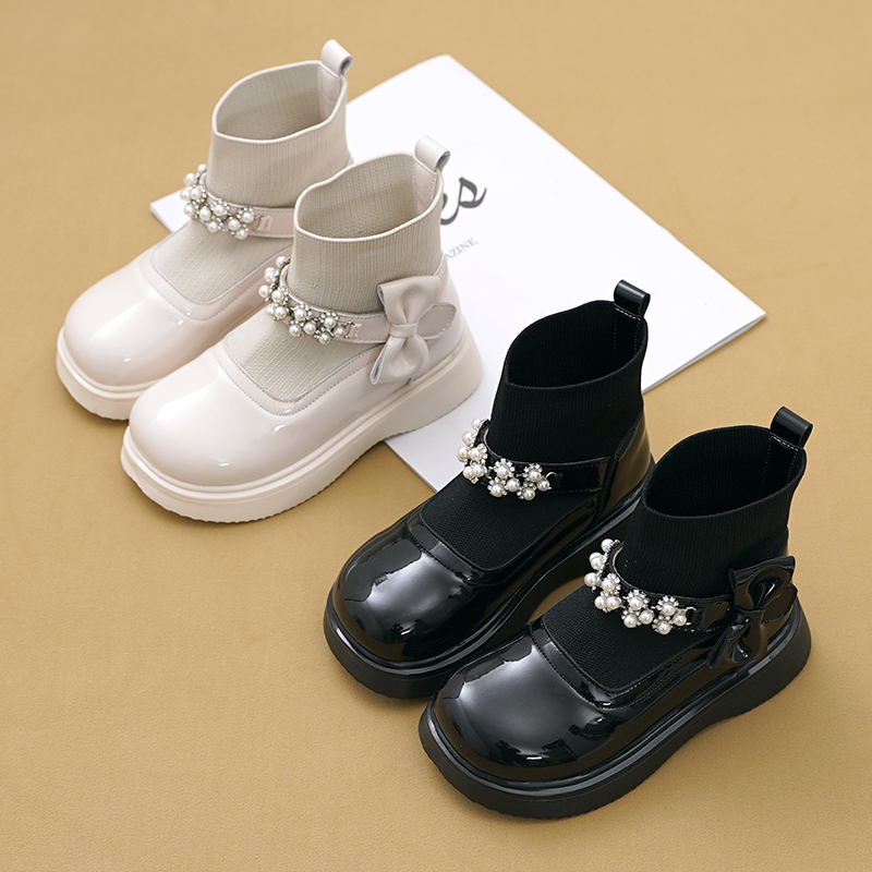 真皮袜靴女童秋冬季公主靴亮面