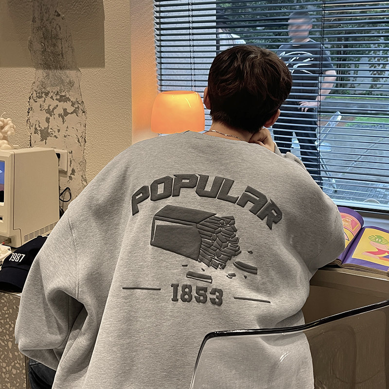 薯条发泡印秋装卫衣圆领套头休闲打底上衣751P45，男装T恤，电商A458A