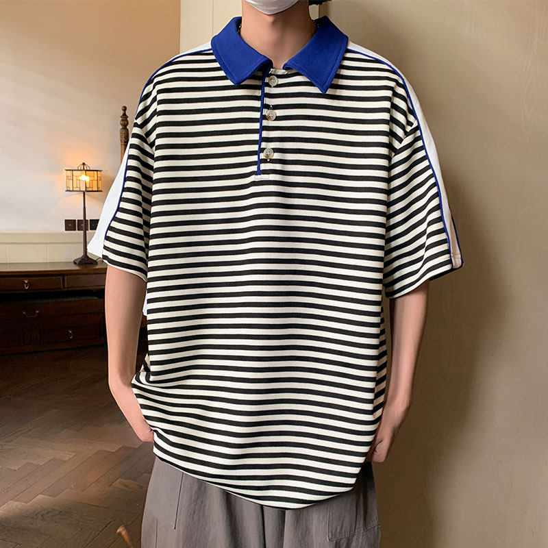 夏装上新撞色翻领Polo衫条纹拼接T恤珠地料短袖T23P45，男装T恤，电商A458A