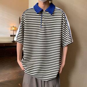 夏装上新撞色翻领Polo衫 条纹拼接T恤 珠地料短袖T23 P45，男装T恤，电商A458A