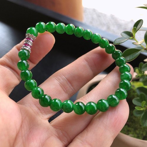 2025天然缅甸翡翠A货冰种辣绿圆珠手串18K金镶嵌0514GM104