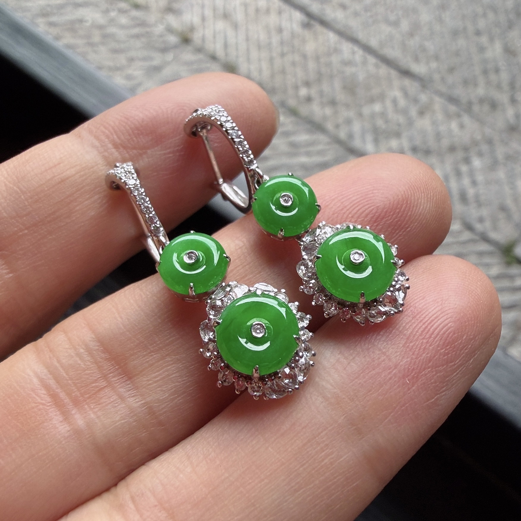 2026天然缅甸翡翠A货冰种满绿平安扣蛋面耳环18k金镶嵌0417D105