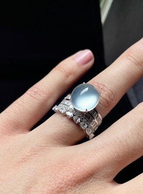 2025天然缅甸翡翠A货冰玻种白冰蛋面戒指18K金镶嵌0409JP104