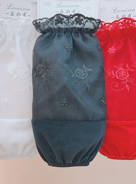 白色大红色蕾丝袖套女冬季刺绣花防污袖头羽绒服护袖黑色长款套袖