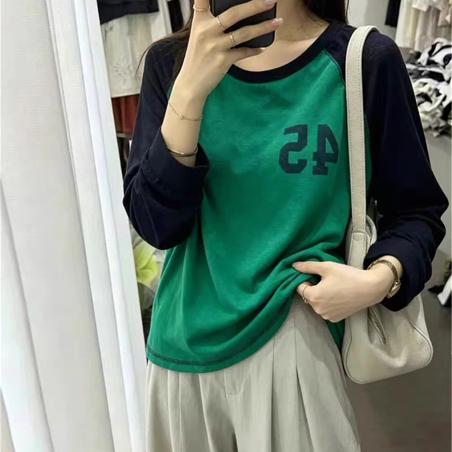 韩系撞色插肩长袖T恤女宽松薄款绿色45数字印花时尚短款打底上衣