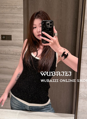 WUBAIZI｜香家羊毛背心 胸前水钻徽标弹力修身背心女M25812