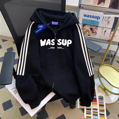 wassup美式潮牌重磅情侣装开衫连帽卫衣男女款春秋款撞色拉链外套