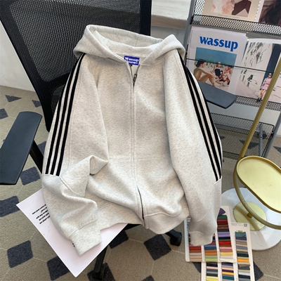 wassup美式三条杠撞色连帽卫衣开衫拉链外套男女情侣装春秋款重磅