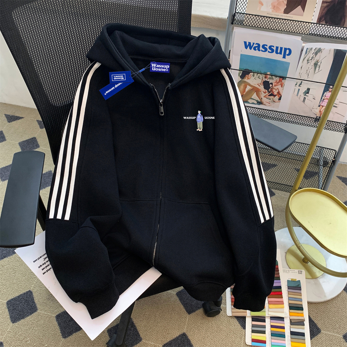 wassup美式三条杠连帽卫衣开衫拉链外套男款秋季2025新款重磅薄款