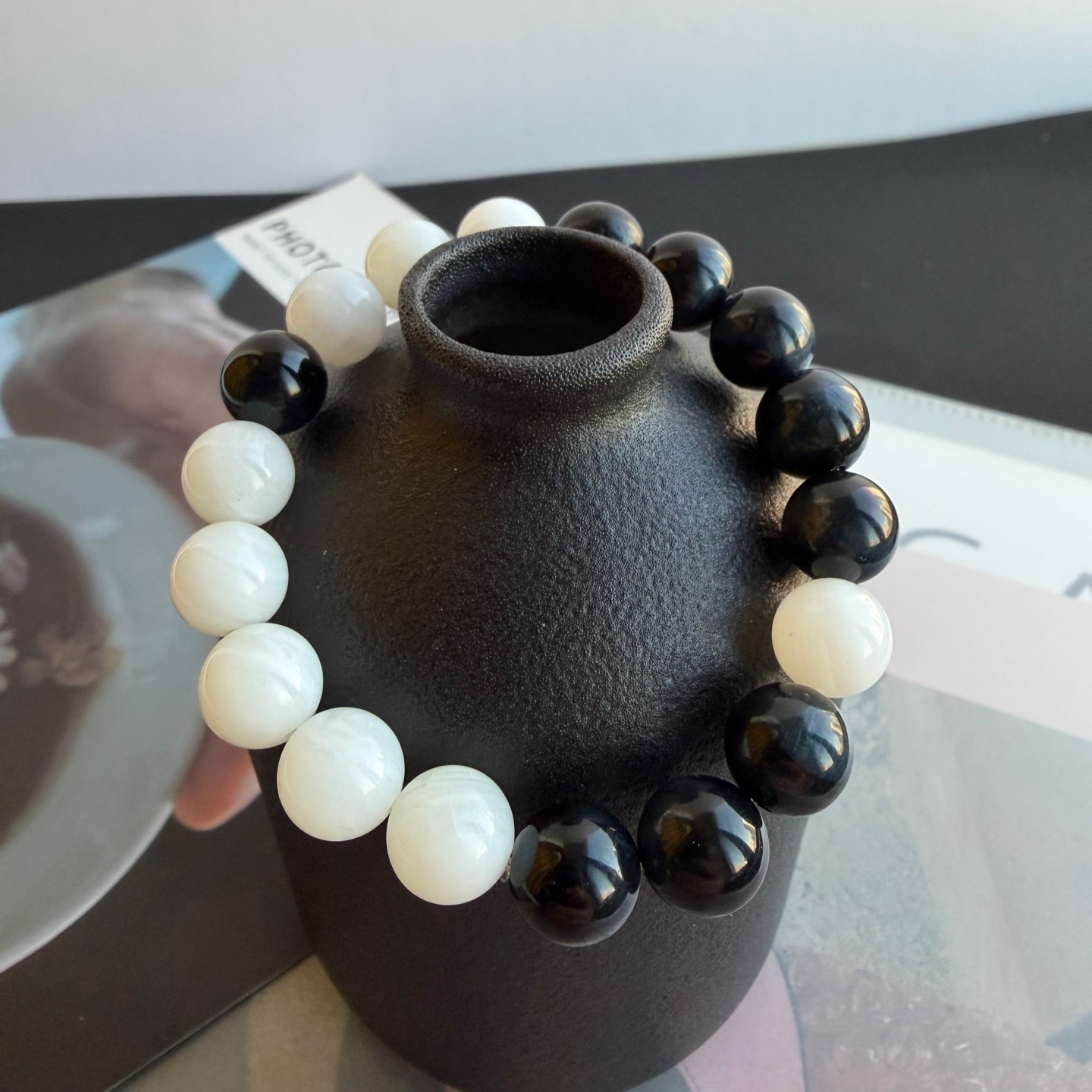 天然七宝白贝玉太极阴阳手串八卦墨蓝虎眼石搭配手链男女复古饰品