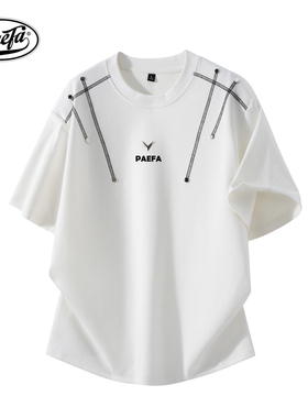 PAEFA 280g重磅太空棉垫肩logo小众正肩美式宽松短袖T恤 男女同款