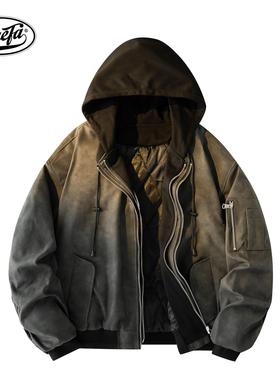 PAEFA美式高街复古PU保暖外套休闲宽松冬季百搭痞帅棉服男女同款