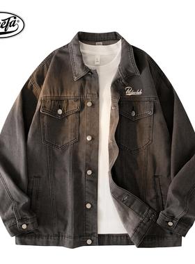 PAEFA 美式立体Logo刺绣工装复古水洗做旧牛仔夹克外套 男女同款