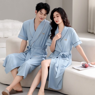 情侣睡袍女士睡衣夏季纯棉短袖大码全棉浴袍长款男士夏款和服浴衣