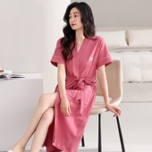 纯棉短袖 吸水女款 长款 薄款 夏天和服浴衣 全棉浴袍大码 女士睡袍夏季