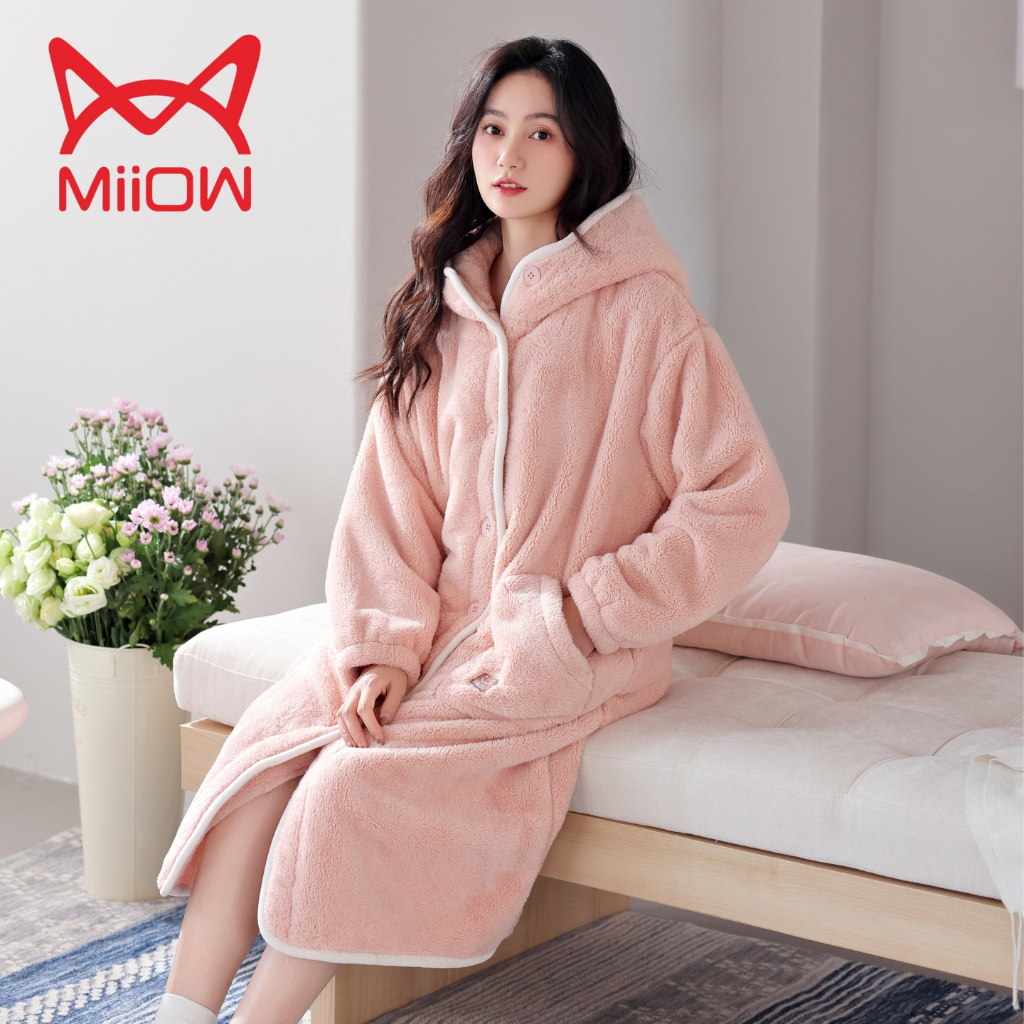 猫人女士秋冬季珊瑚绒法兰绒睡袍